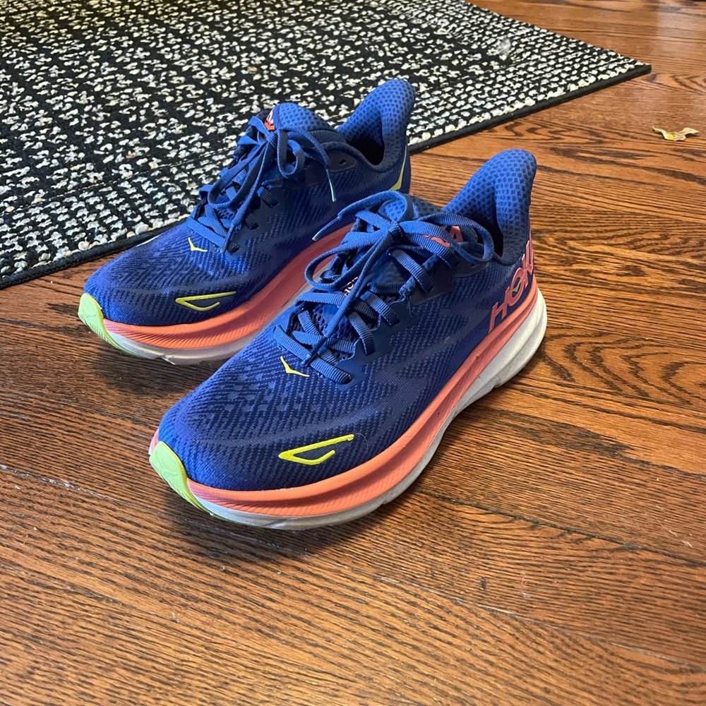 Hoka Vibrant Blue and Coral Athletic Shoes